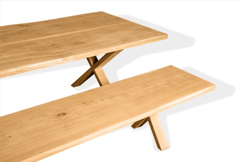 Set: Küchentisch + Sitzbank mit X Gestell eng aus Massivholz Eiche 40mm klar lackiert