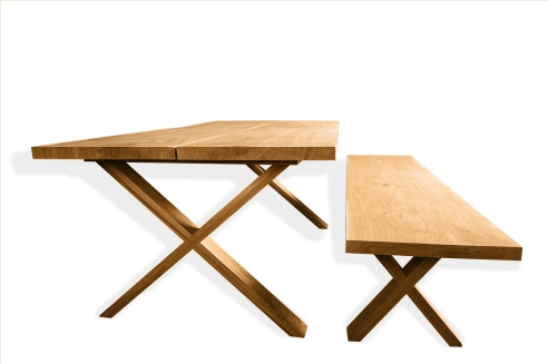Set: Küchentisch + Sitzbank mit X Gestell eng aus Massivholz Eiche 40mm naturgeölt