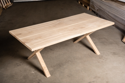 Solid Hardwood Oak rustic Kitchen Table 40mm unreated with narrow X-type bright table legs