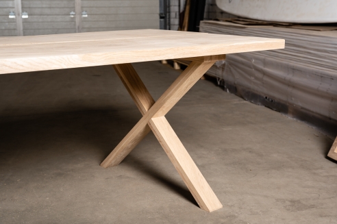 Solid Hardwood Oak rustic Kitchen Table 40mm unreated with narrow X-type bright table legs