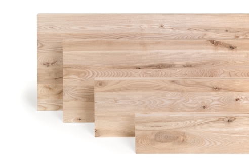 Preview: Solid wood edge glued panel Ash Rustic 45 mm, full stave lamellas with random widths, customized DIY