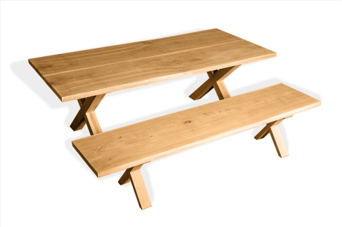 Set: Solid Hardwood Oak rustic Kitchen Table with bench and X table and bench legs 40mm natural oiled