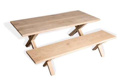 Set: Solid Hardwood Oak rustic Kitchen Table with bench and X table and bench legs 40mm hard wax oil nature white