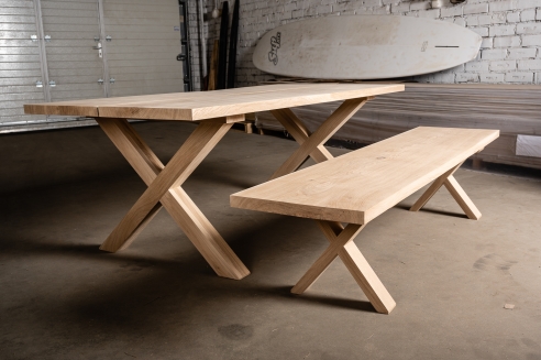 Set: Solid Hardwood Oak rustic Kitchen Table with bench and X table and bench legs 40mm untreated