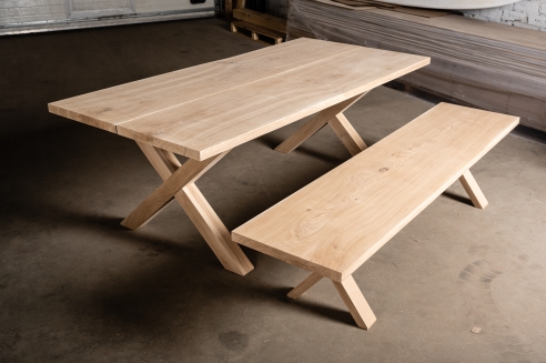 Set: Solid Hardwood Oak rustic Kitchen Table with bench and X table and bench legs 40mm hard wax oil nature white