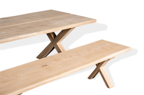 Set: Küchentisch + Sitzbank mit X Gestell Groß aus Massivholz Eiche 40mm unbehandelt
