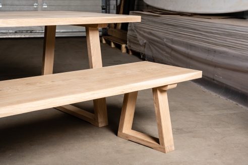 Set: Solid Hardwood Oak rustic Kitchen Table with bench and trapece table and bench legs 40mm untreated