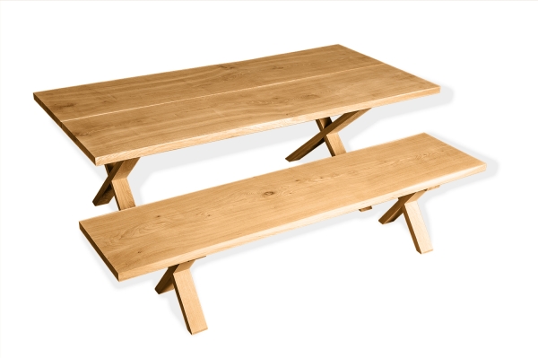 Set: Küchentisch + Sitzbank mit X Gestell eng aus Massivholz Eiche 40mm klar lackiert