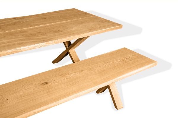 Set: Solid Hardwood Oak rustic Kitchen Table with bench and X narrow table and bench legs 40mm laquered