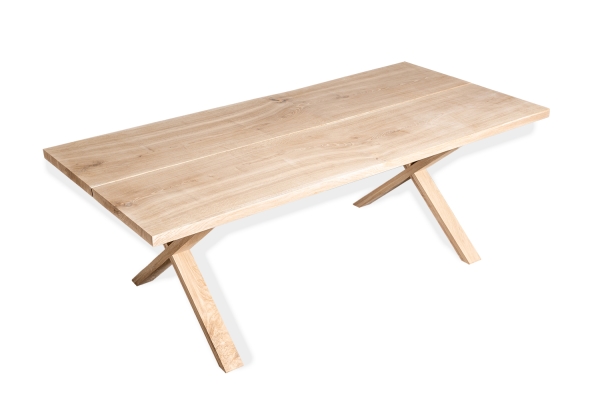 Solid Hardwood Oak rustic Kitchen Table 40mm with narrow X-type bright table legs hard wax oil nature white