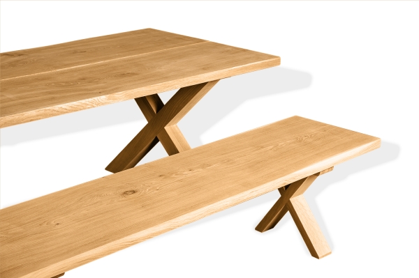 Set: Solid Hardwood Oak rustic Kitchen Table with bench and X table and bench legs 40mm laquered