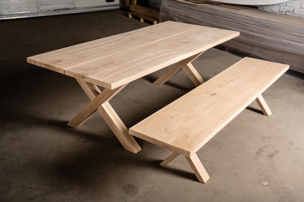 Set: Solid Hardwood Oak rustic Kitchen Table with bench and X table and bench legs 40mm untreated