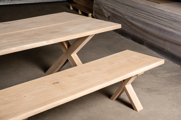 Set: Solid Hardwood Oak rustic Kitchen Table with bench and X table and bench legs 40mm hard wax oil nature white