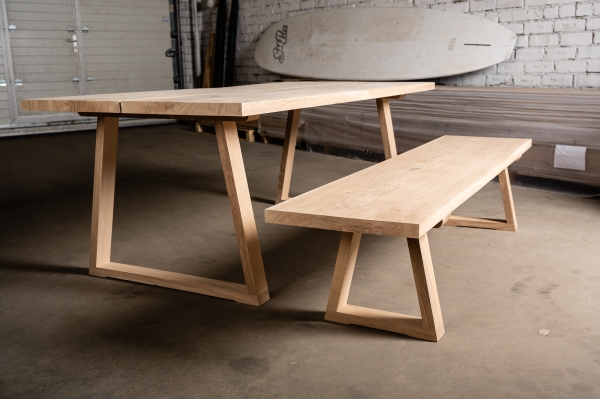 Set: Solid Hardwood Oak rustic Kitchen Table with bench and trapece table and bench legs 40mm hard wax oil nature white